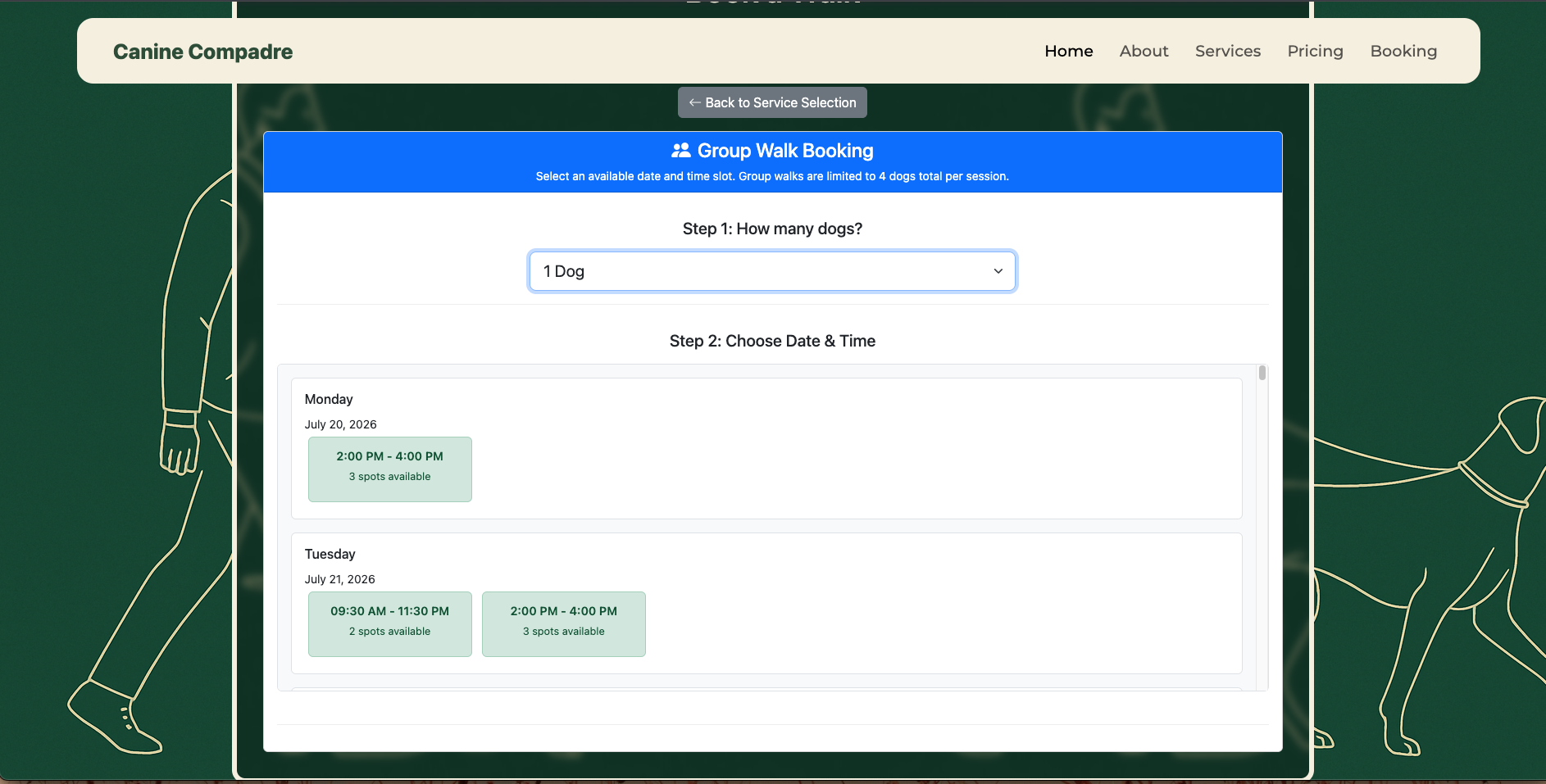 Screenshot of the fully custom built booking form for taking all bookings.