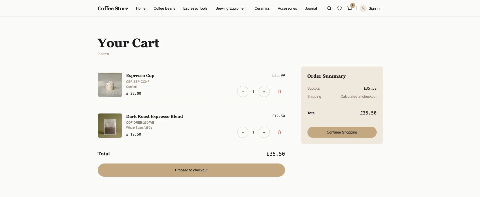Screenshot of the cart from the Coffee Store website