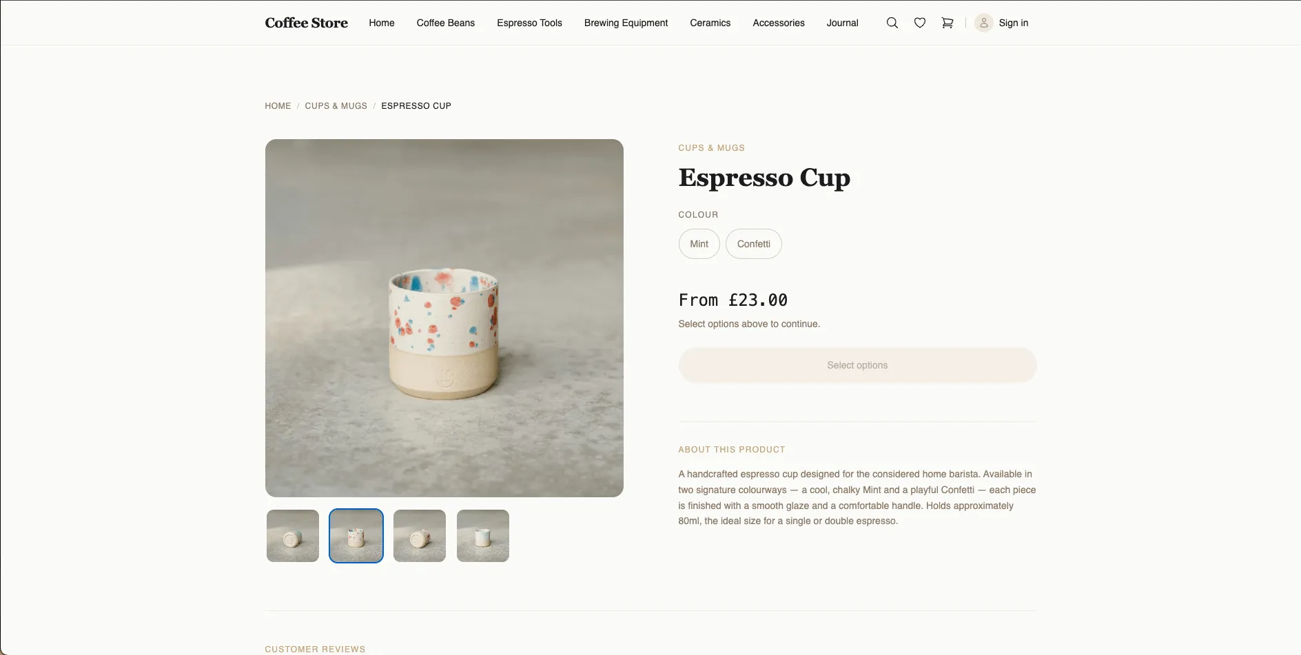 Screenshot of a product page from the Coffee Store website