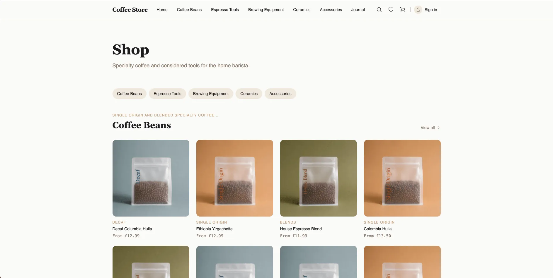 Screenshot of the full shop grid page from the Coffee Store website